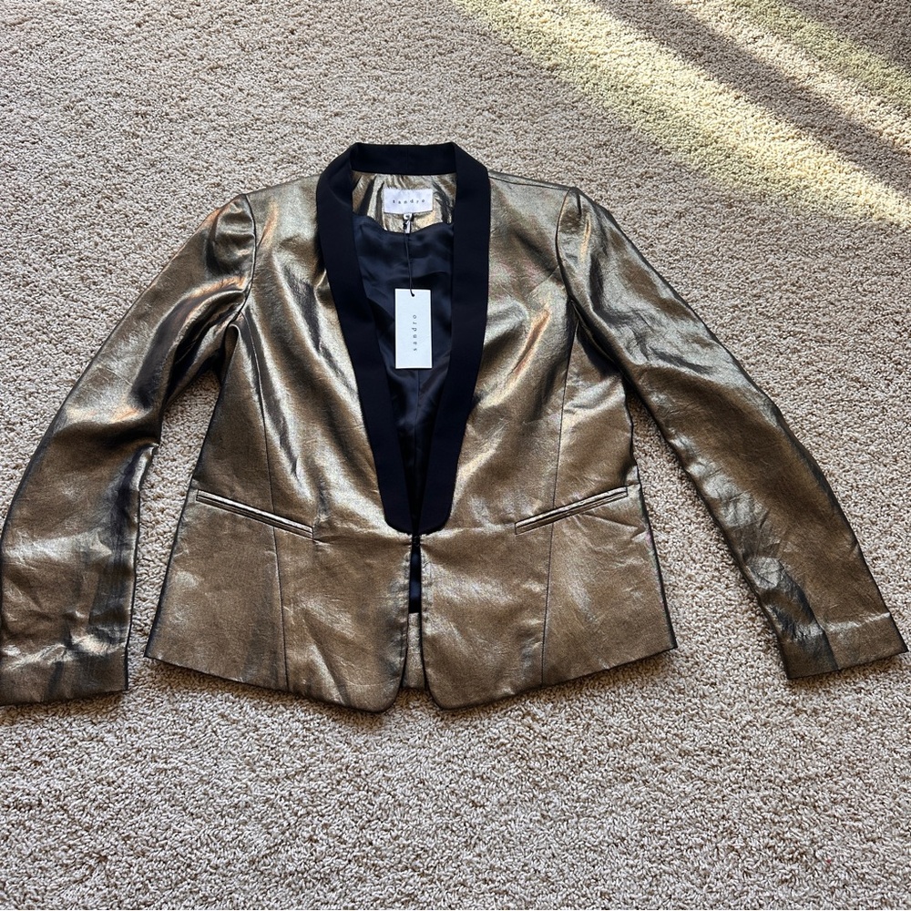 Sandro NWT Metallic Gold Blazer with Black Lapel